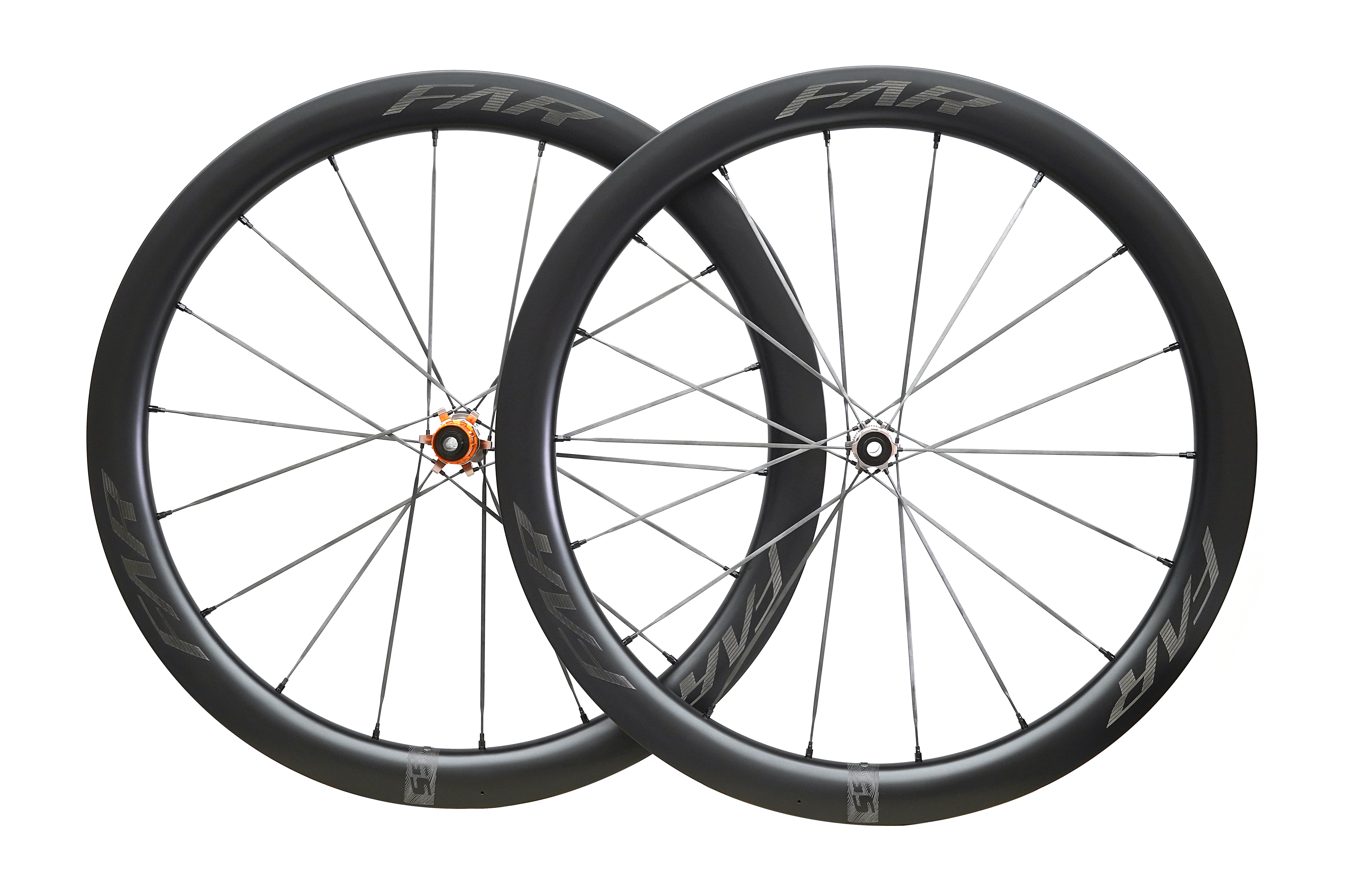 Two bicycle wheels with FAR branding on a white background